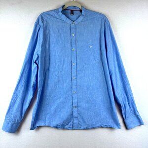 Blue Soul Natural Linen Band Collar Shirt Mens L Blue Beachy Coastal Lagenlook